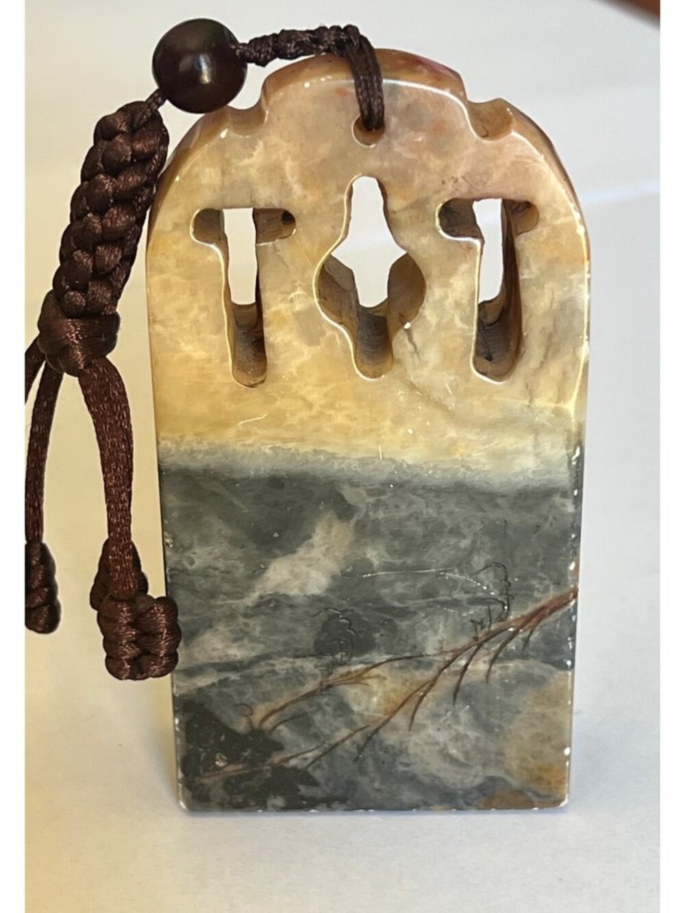 Shoushan Stone Seal Chop Hand-Carved Landscape & Calligraphy Design 3.5" T VTG